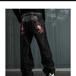 Ninth Hall Black Kids' Embroidered Baggy Jeans with Red Accent